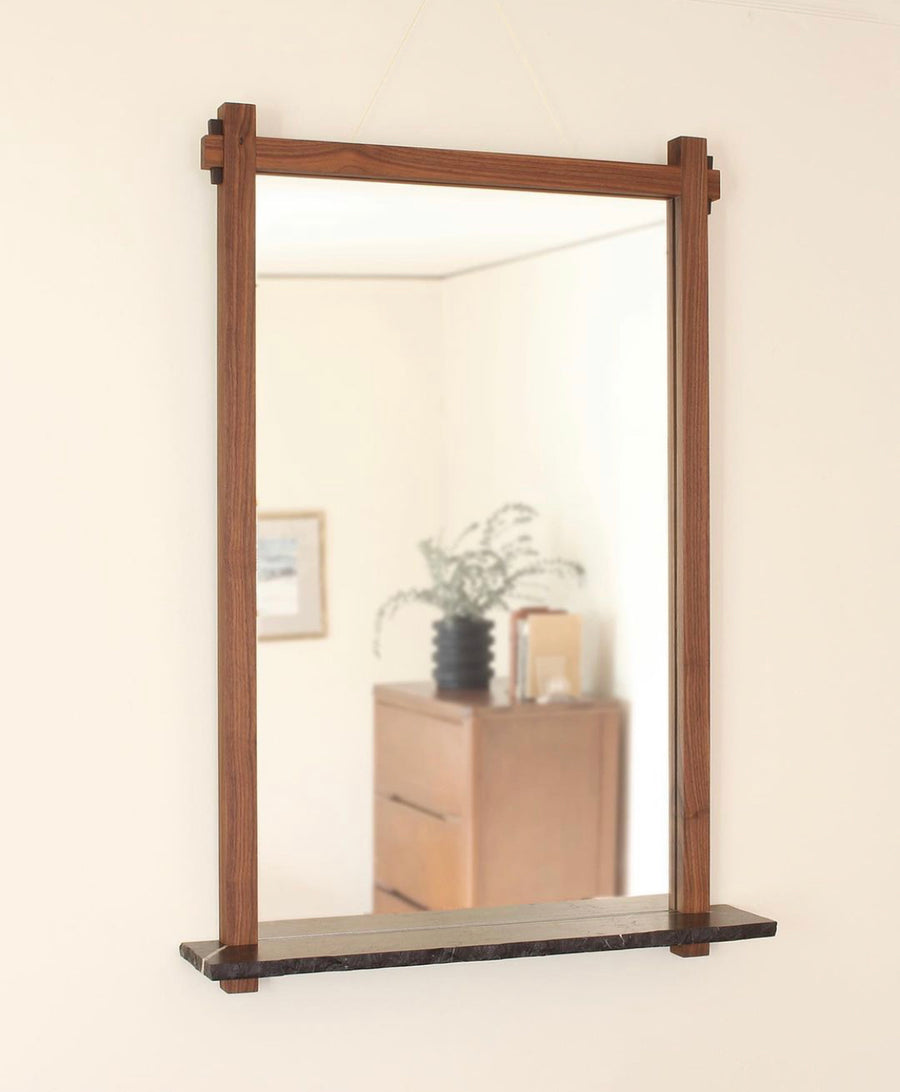 Walnut Frame Mirror with Marble Shelf